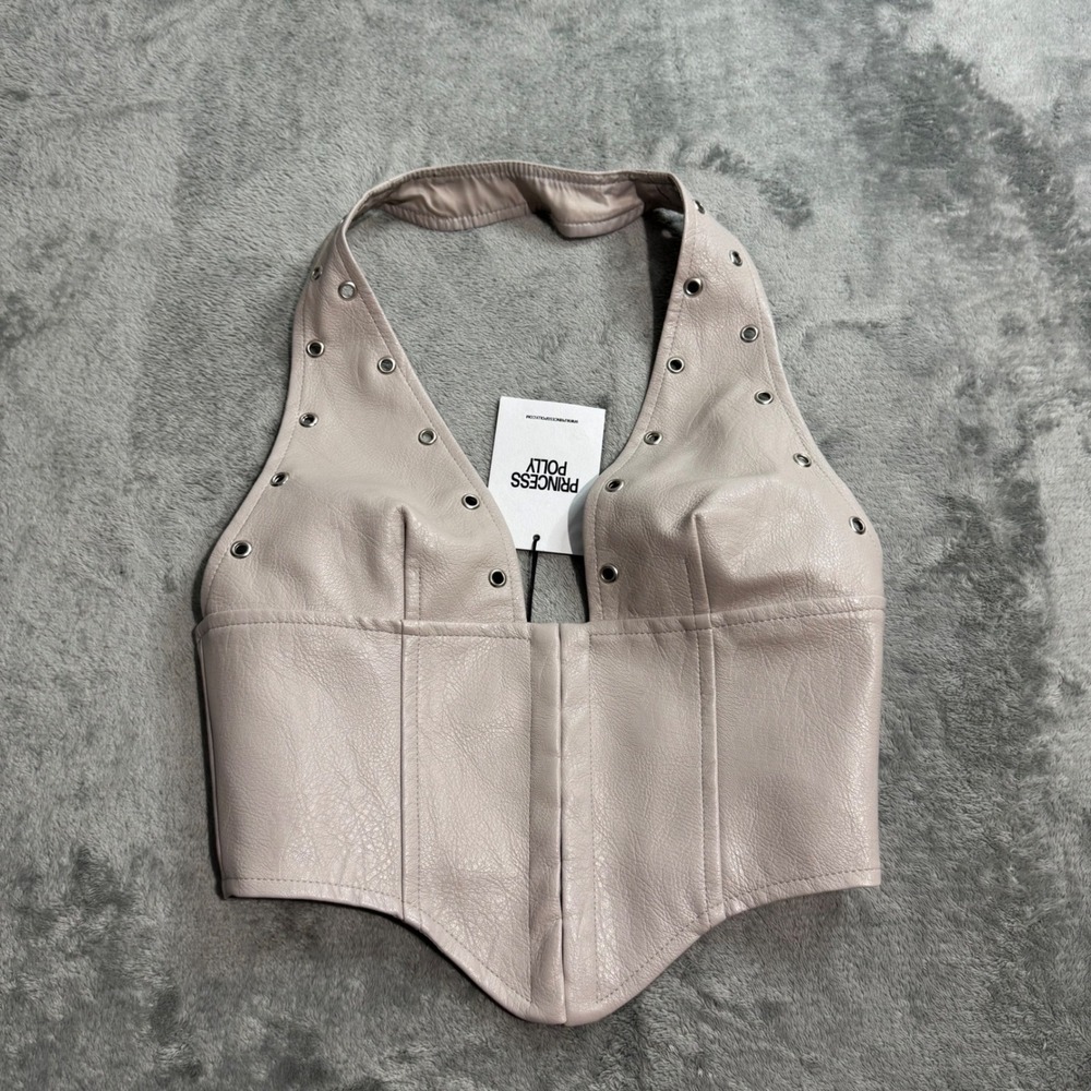 NEW Princess Polly Palladia Faux Leather Jordy Corset Taupe Halter Top US 4